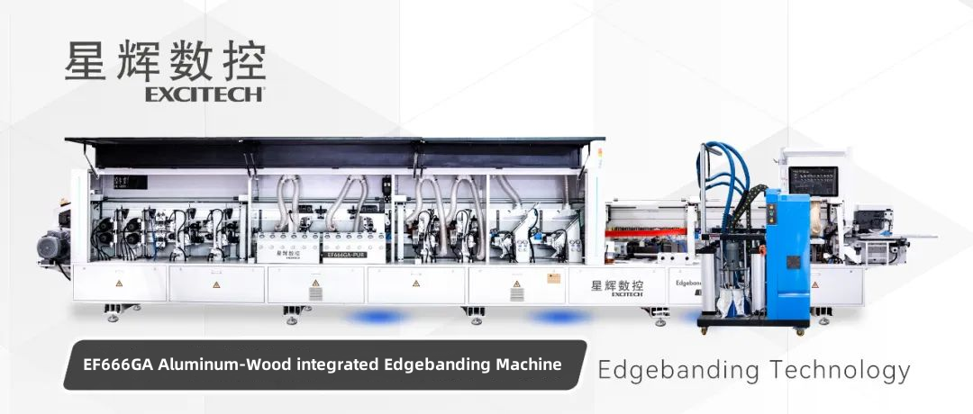Technologie Excitech EF666GA integrovaná olepovačka hran hliníku a dřeva.